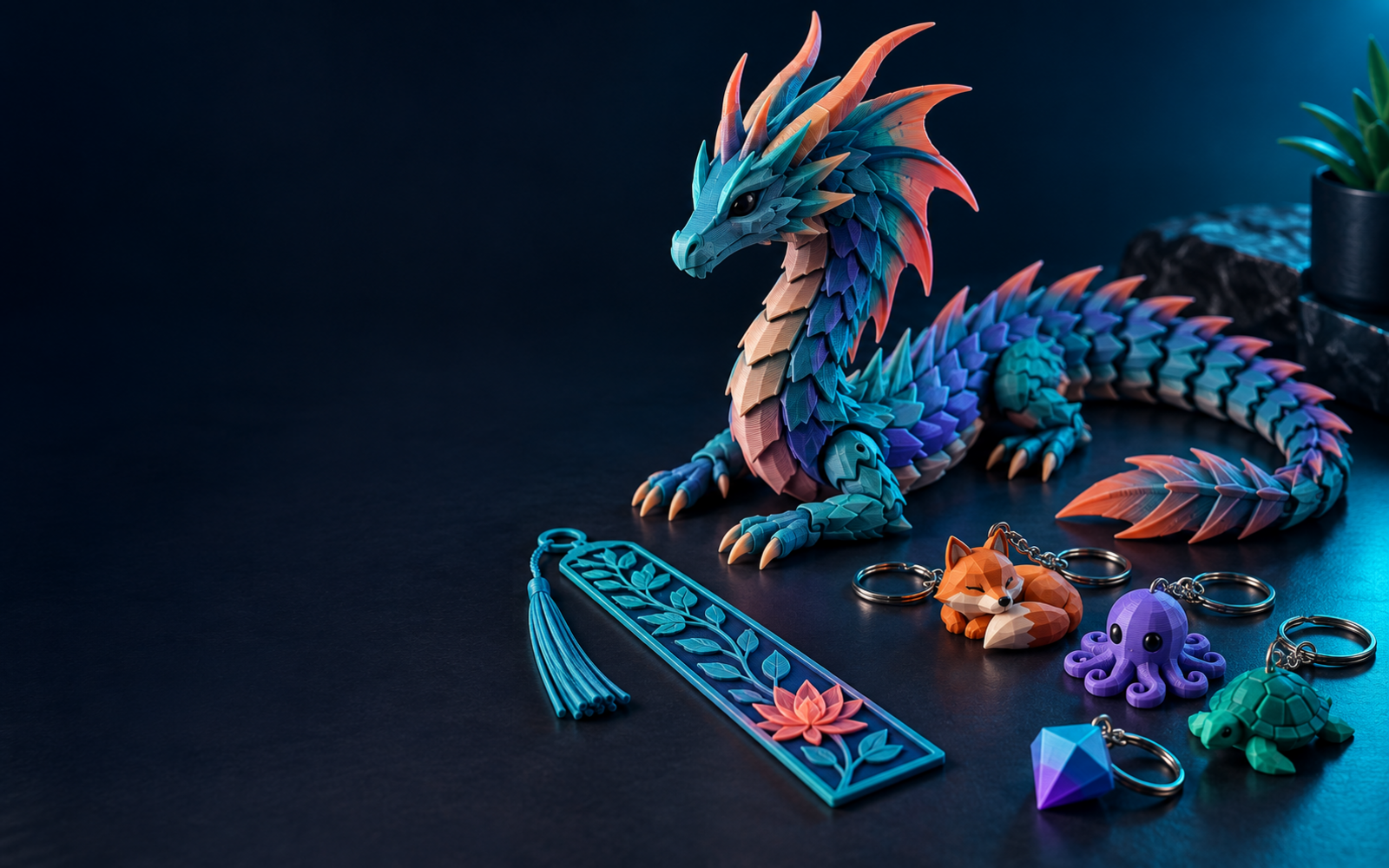 A colorful articulated dragon, bookmark, and charms created with 3D printing