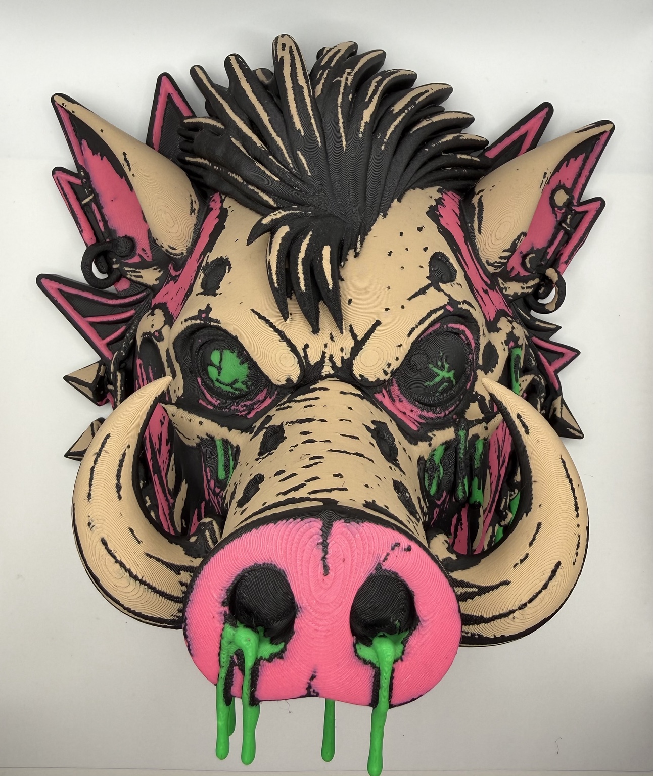 3D printed punk-style pig head wall display piece by Cloud3DLabs